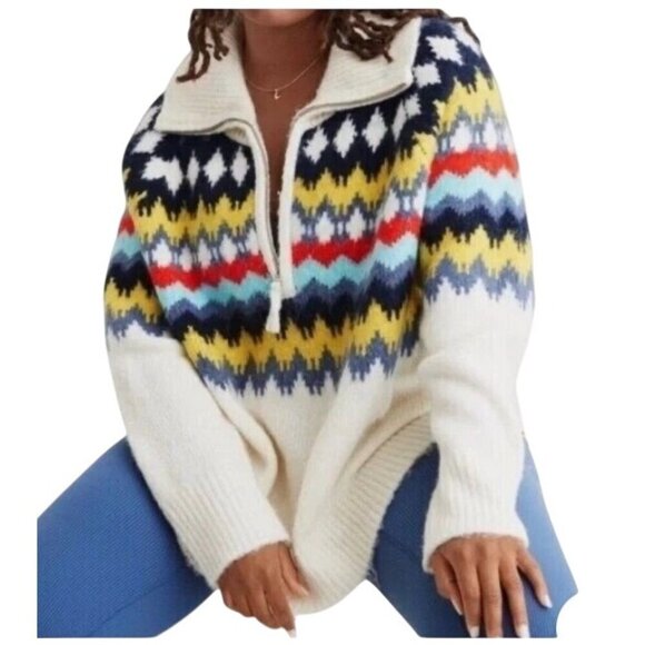 Fair Isle 1/4 Zip chunky Knit Sweater Ribbed Collar Nordic Pattern Womens XS - Picture 1 of 10